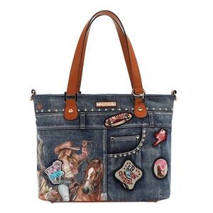 Denim Cowgirl Patch Tote Bag with Tan Handles